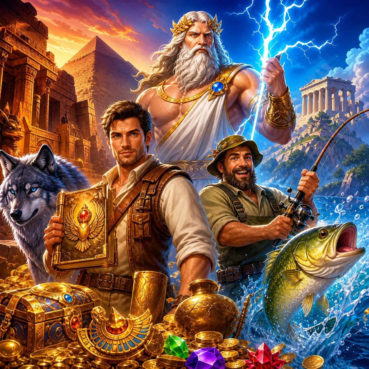 A vibrant square composition featuring iconic slot game characters and themes with a fantasy adventure setting.